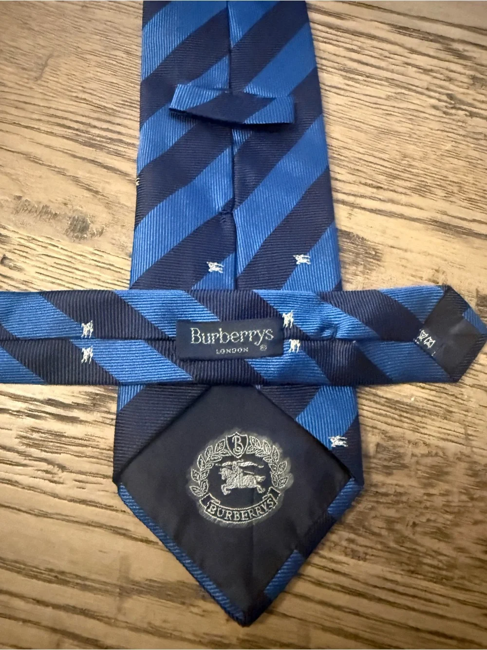 Burberry Blue and Navy Striped Silk Tie with White Motifs